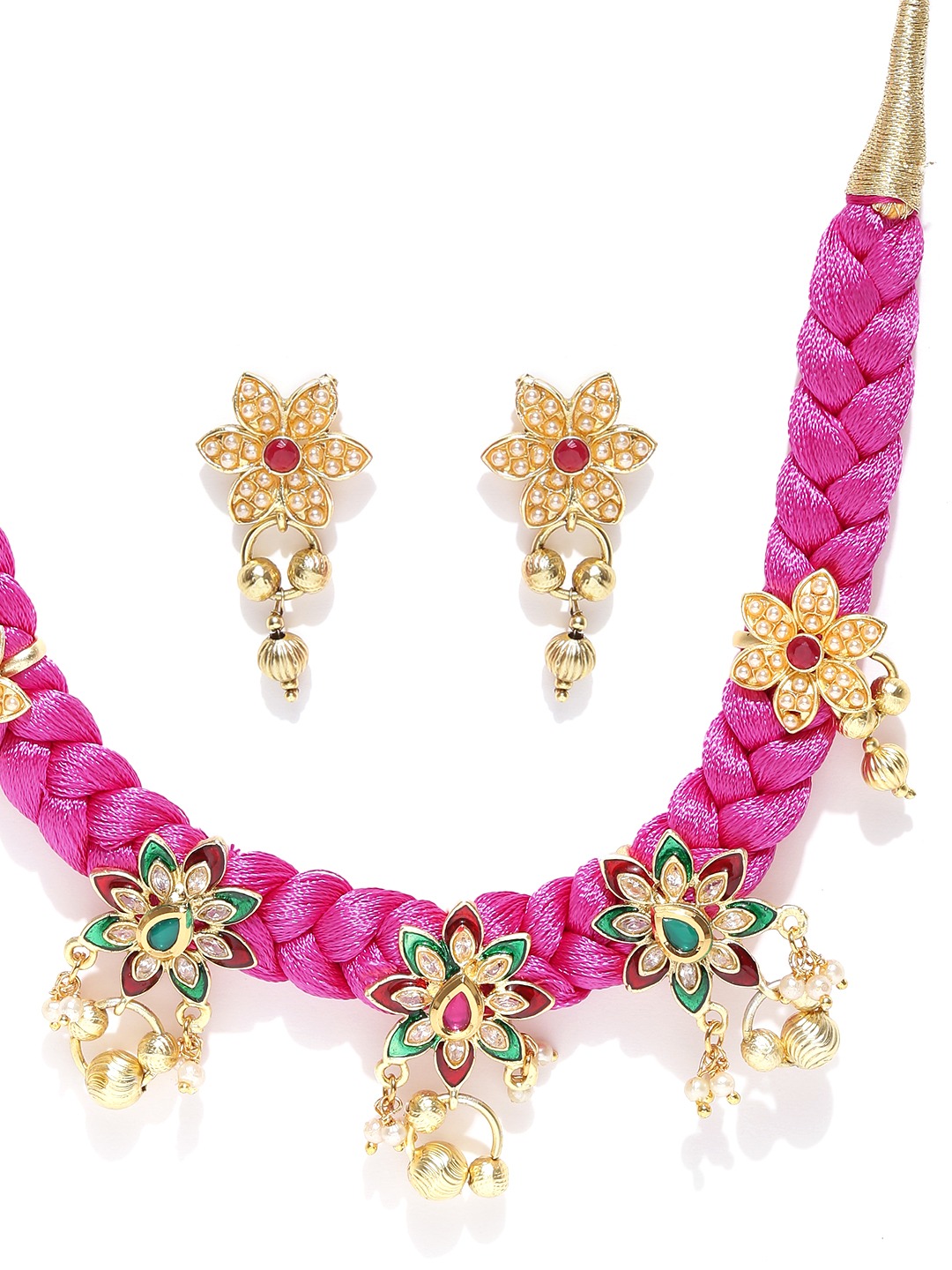 YouBella Pink  Gold-Toned Stone-Studded Beaded Jewellery Set